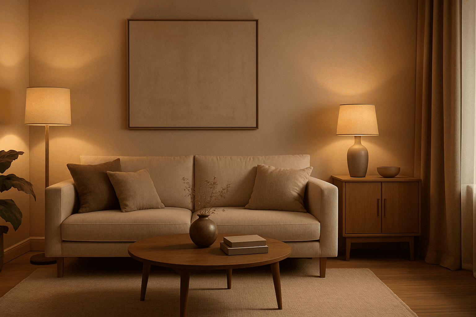 Indoor scene with soft ambient light creating a warm, natural atmosphere