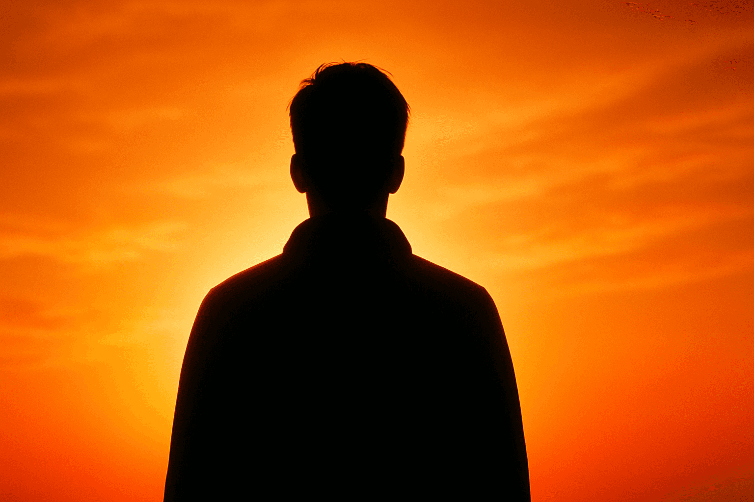 Backlit silhouette of a person against a glowing sunset background