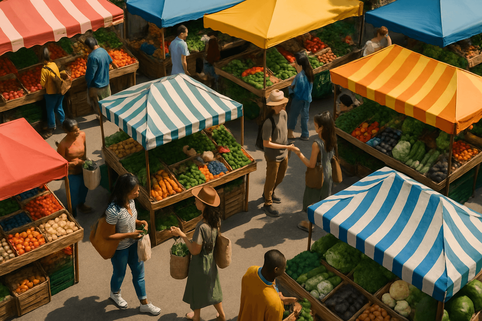 Vibrant birds eye view of a busy farmers market with colorful stalls