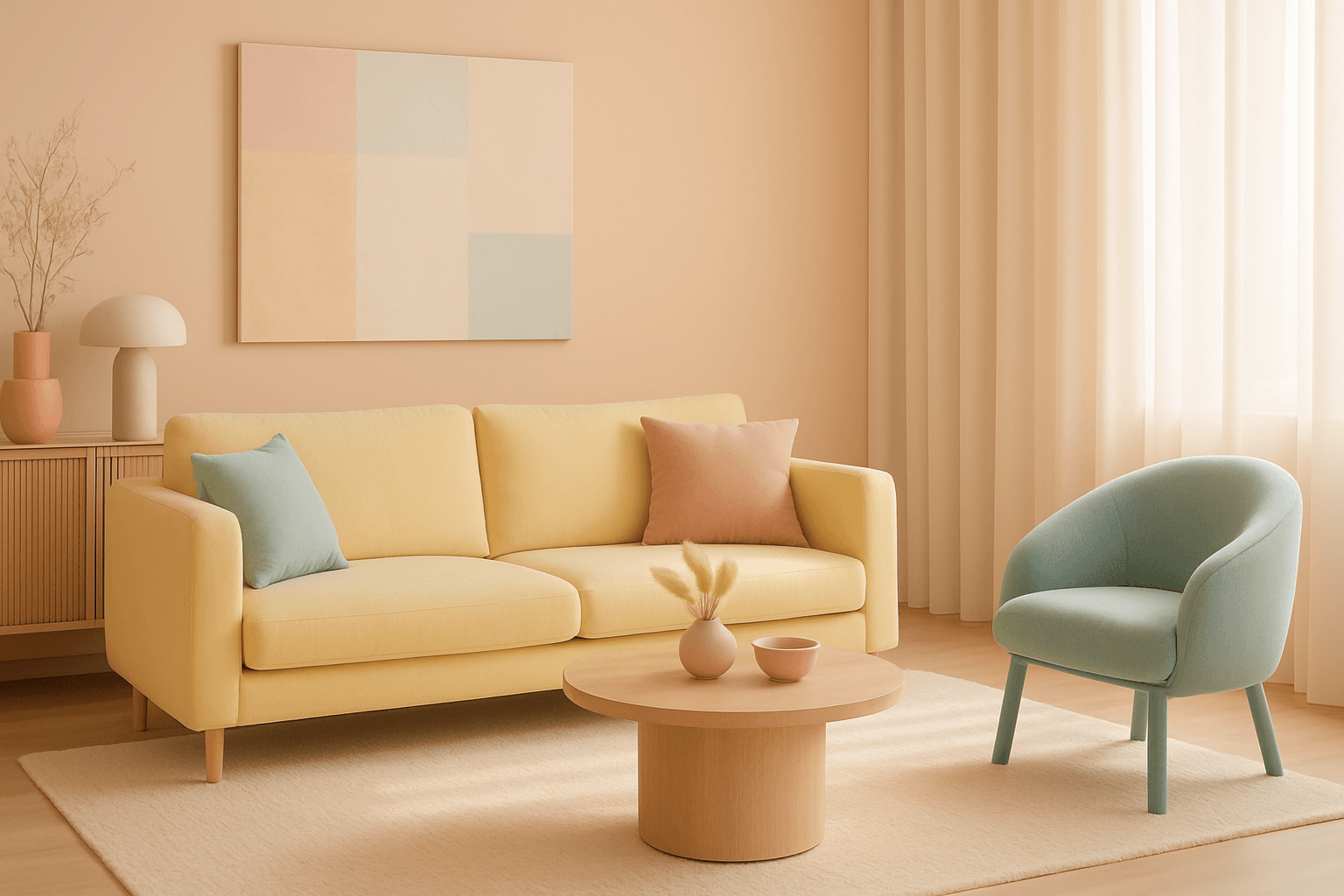 Interior design photo showcasing bright pastel palette colors in modern living room