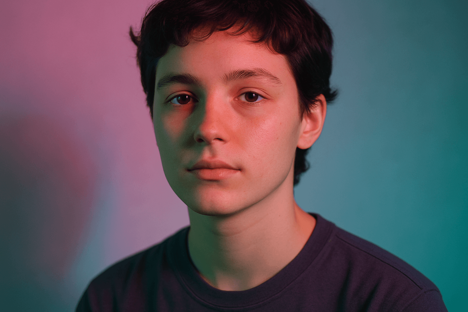 Portrait with colored shadow lighting in vibrant magenta and cyan hues