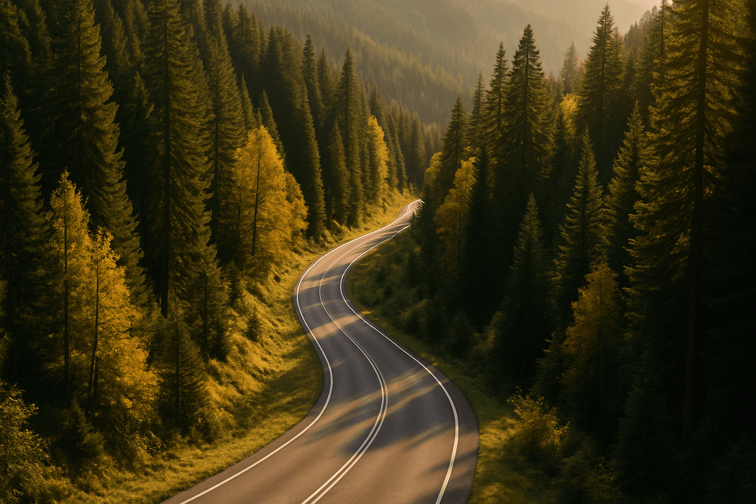 A winding mountain road creating a strong diagonal line through a dense forest under golden light