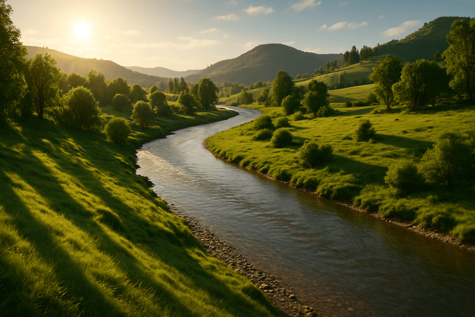 Dynamic landscape with diagonal movement composition of winding river and sunlight