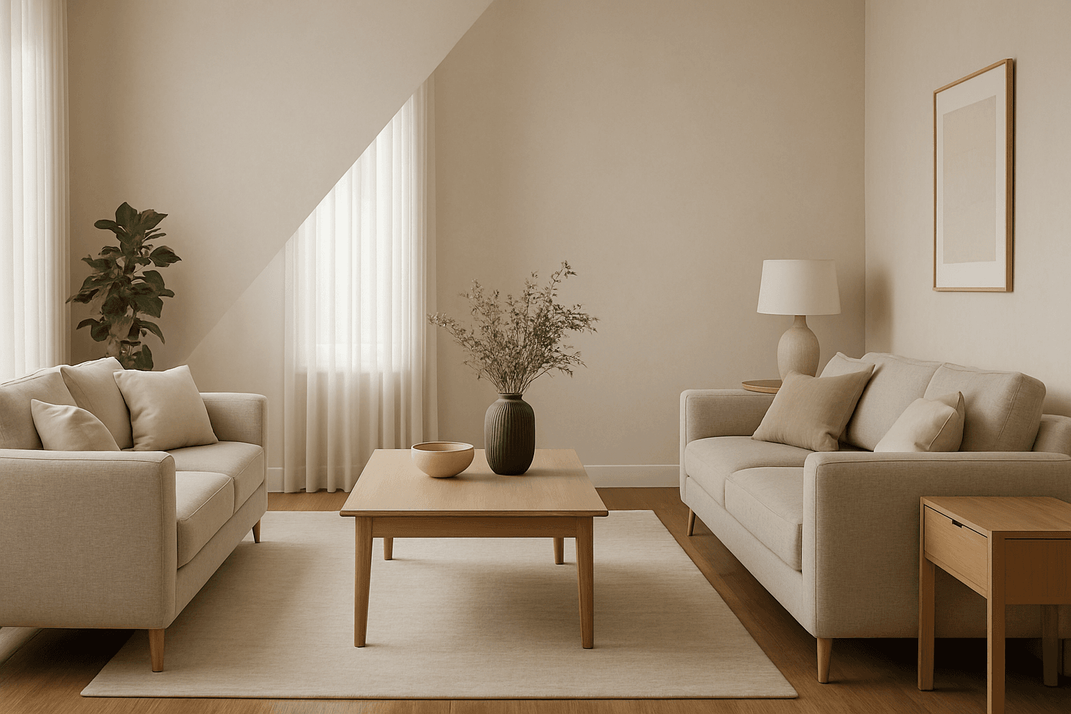 Example of modern interior design using diagonal symmetry layout with balanced elements along a diagonal axis, refined lighting and realistic textures