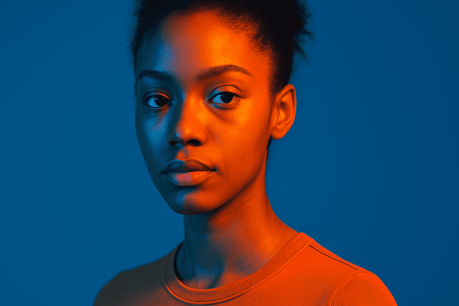Abstract portrait featuring vibrant duotone colors blending blue and orange