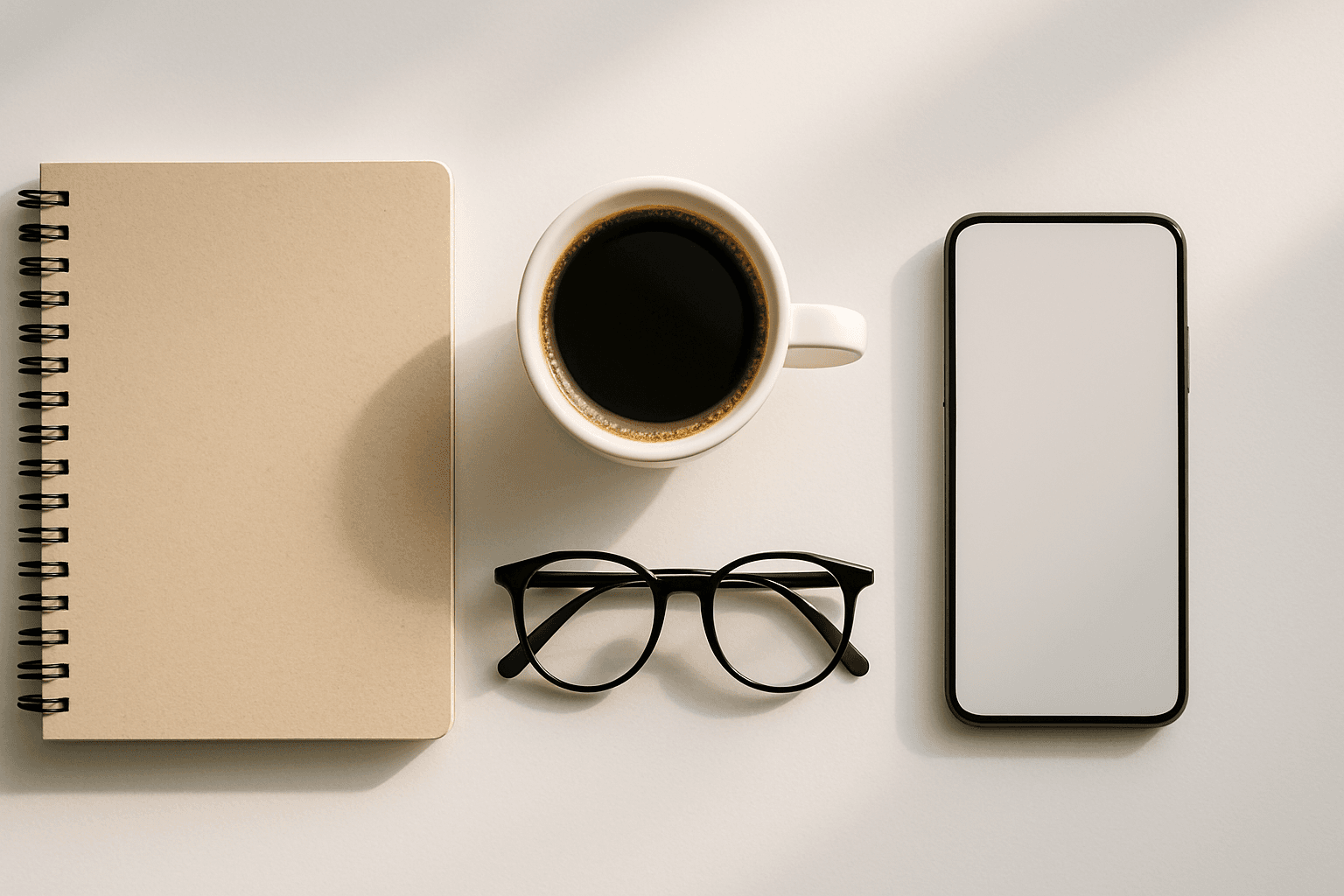 Modern flat lay composition of everyday objects arranged neatly on a white surface with soft lighting