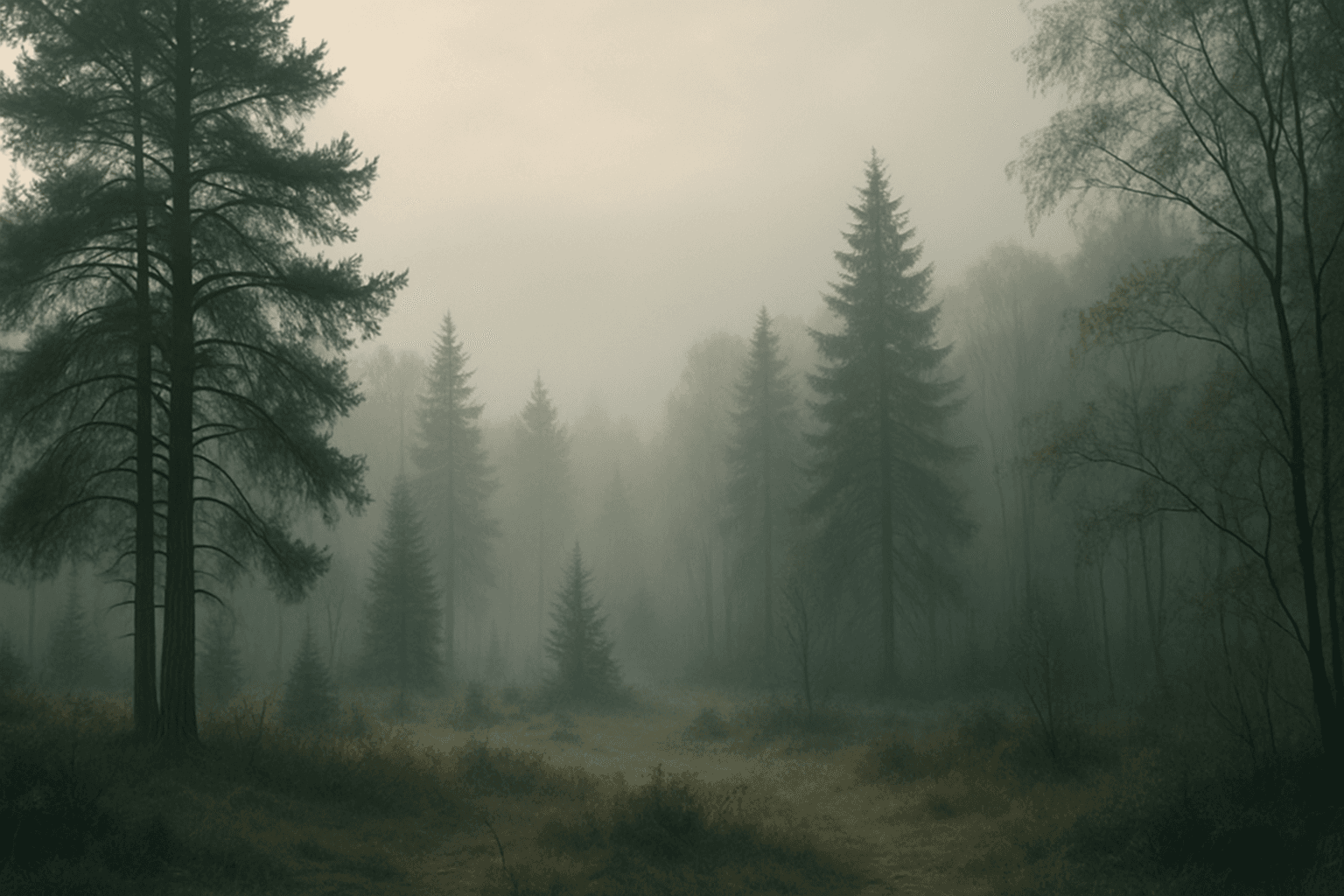 A serene forest landscape enveloped in soft morning fog with diffused lighting