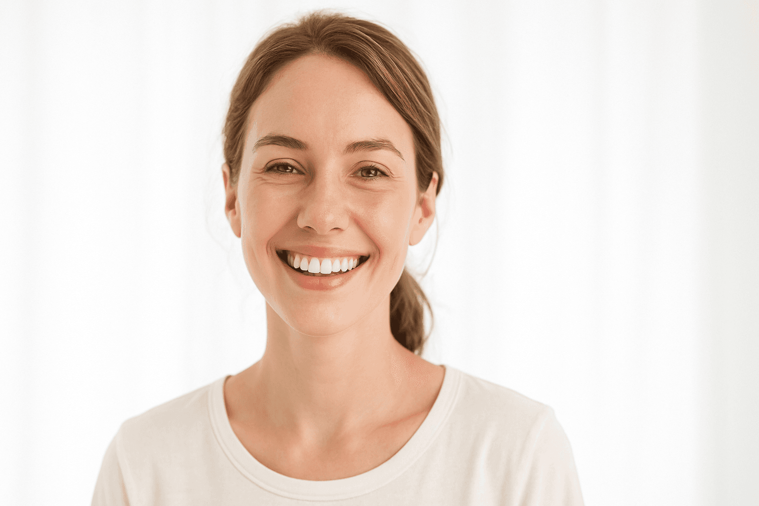 Portrait of a woman with bright, soft, high key background lighting producing an airy and clean aesthetic