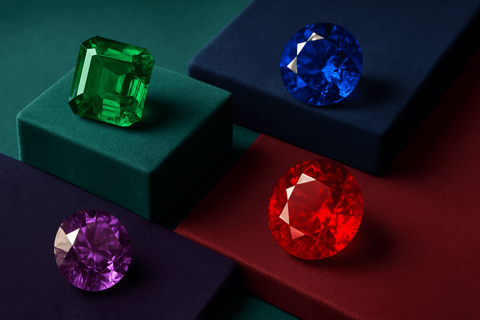 A vibrant composition showcasing jewel tone colors inspired by gemstones with refined lighting and realistic materials