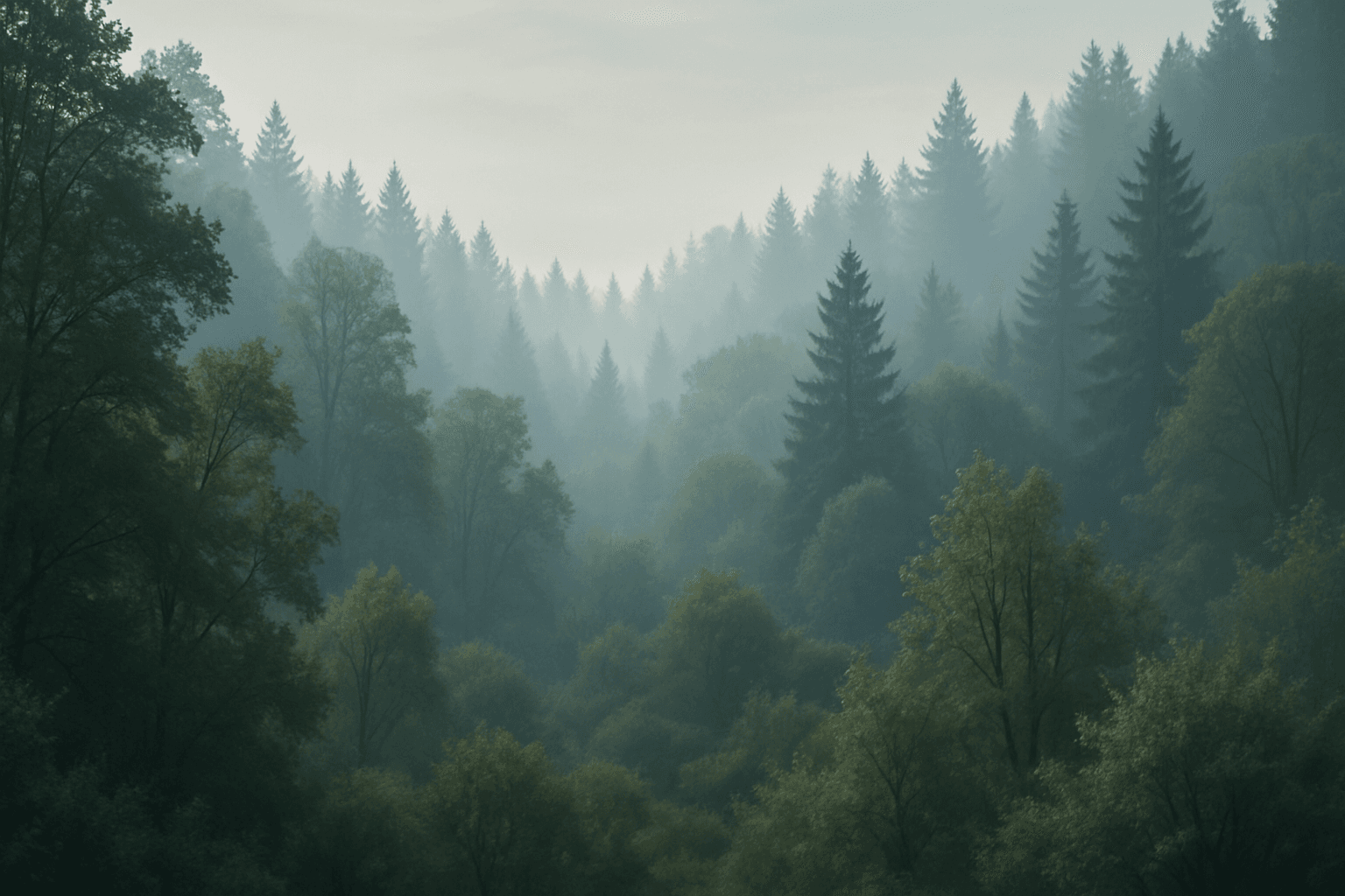 A tranquil forest scene showing multiple overlapping layers of trees fading into the mist with soft natural light