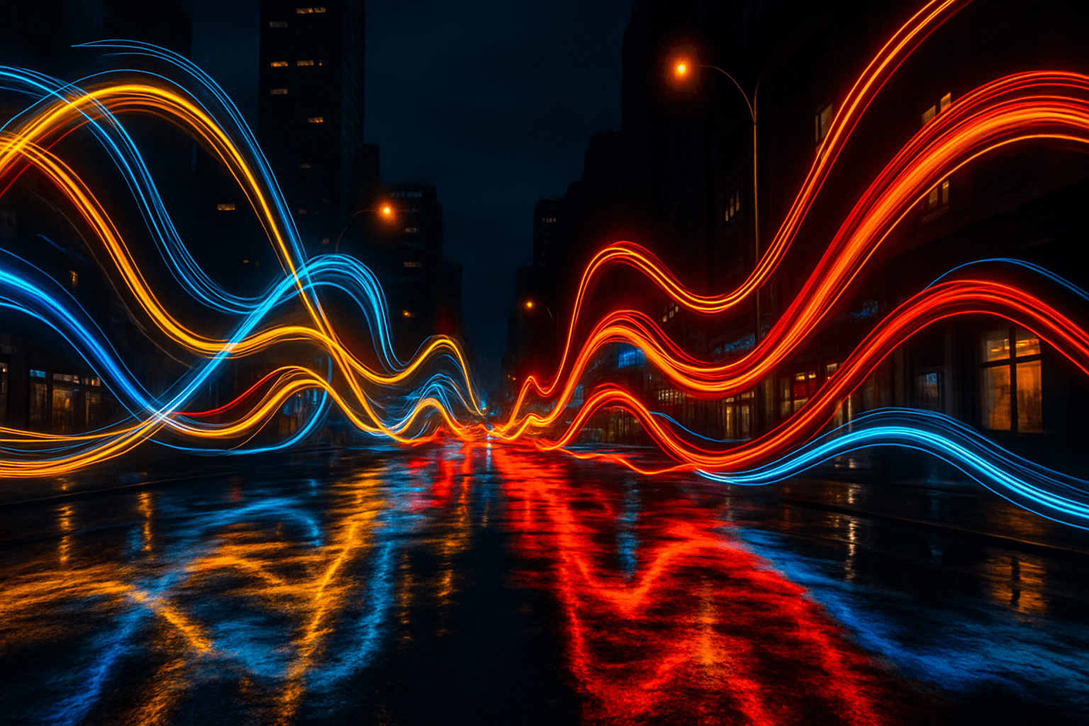 Dynamic light trails created using the Light Painting Technique for AI-generated vibrant night scene
