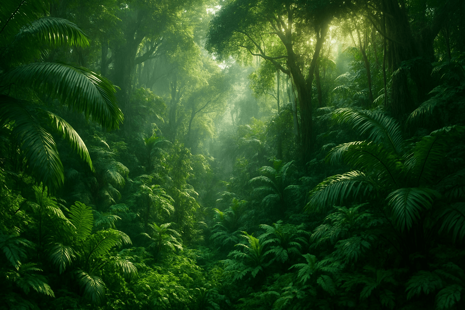 Vibrant lush tropical forest with dense green foliage and misty atmosphere under dappled sunlight