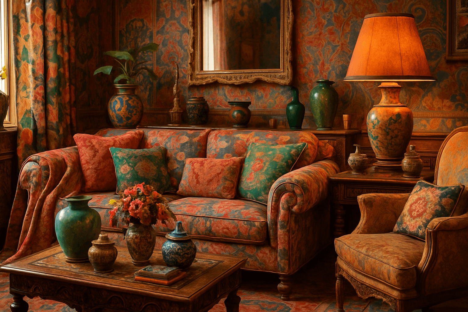 An intricate maximalist interior filled with colorful patterns, layered textures, and abundant decorative objects under warm natural light