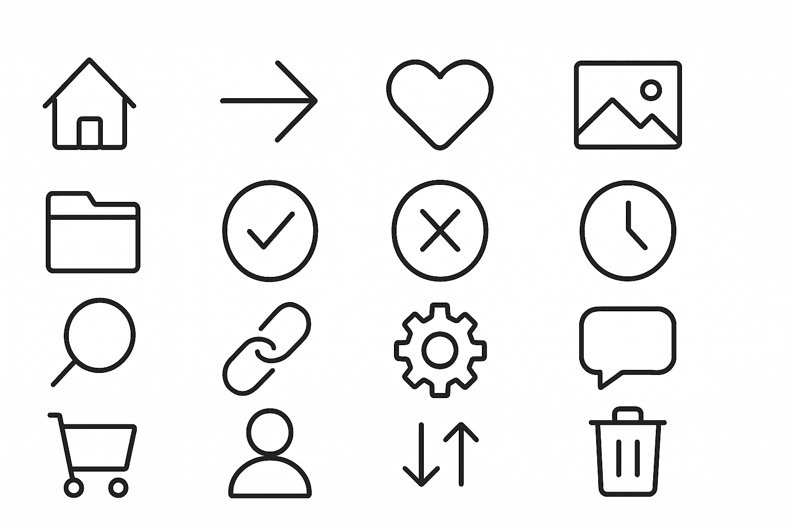 Minimalist icon set design showing simple geometric icons with consistent line weight on white background