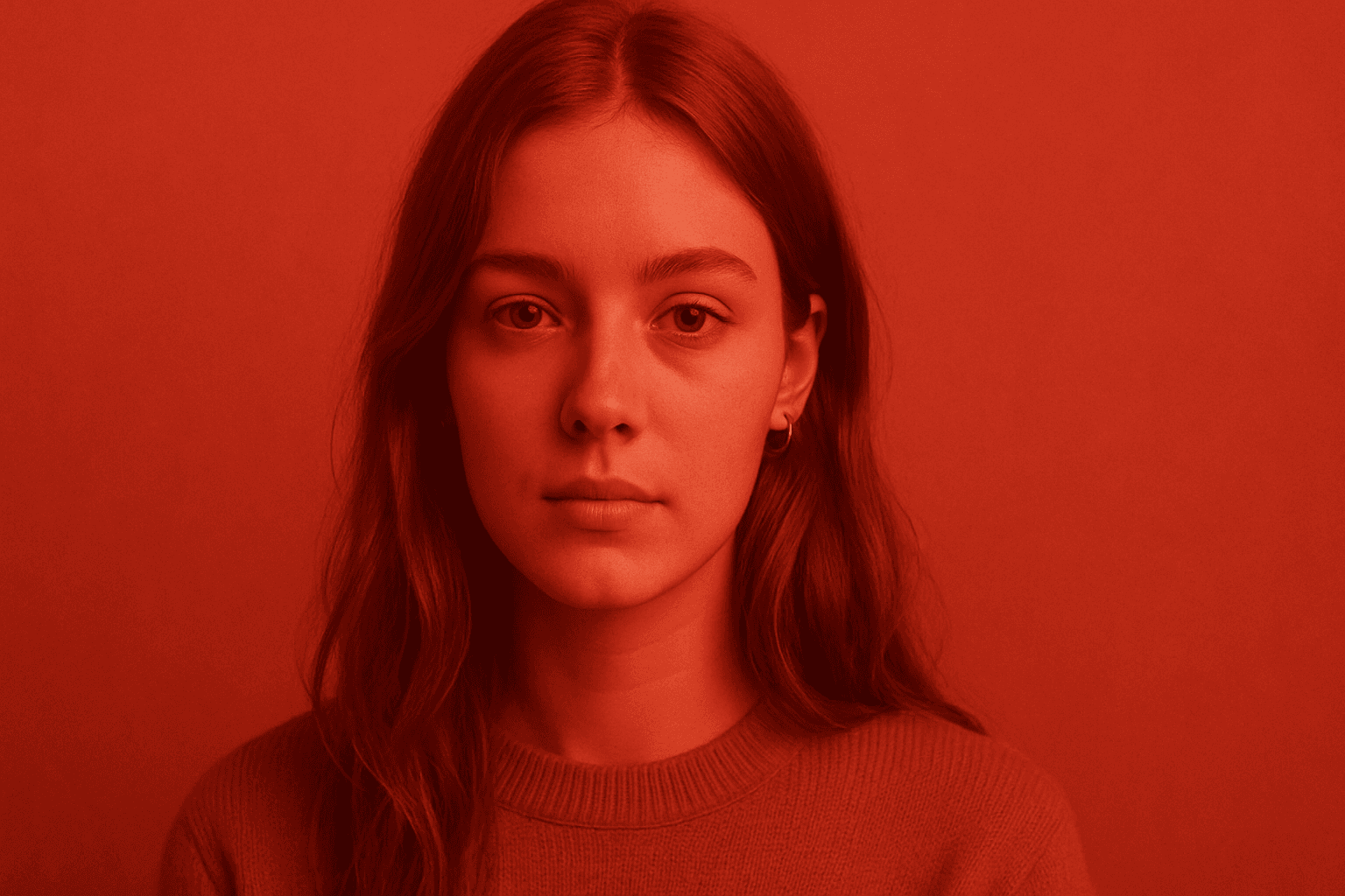 Editorial portrait in monochromatic red tones with soft lighting
