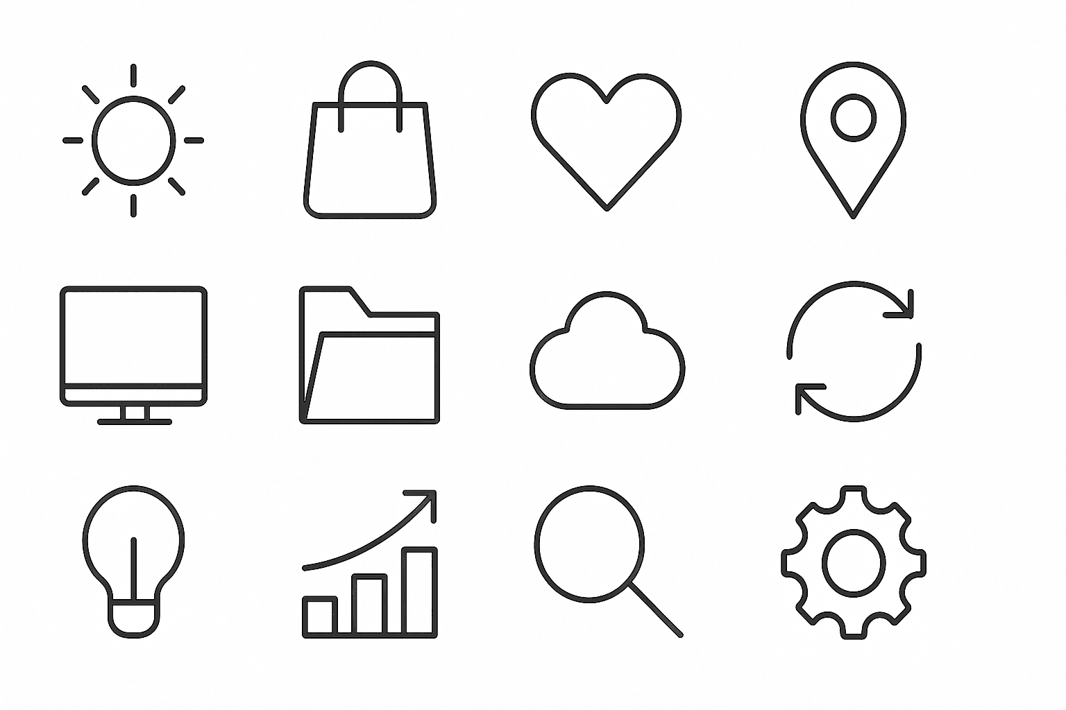 Example of monoline icon style showing simple, uniform single-weight line art icons on a white background