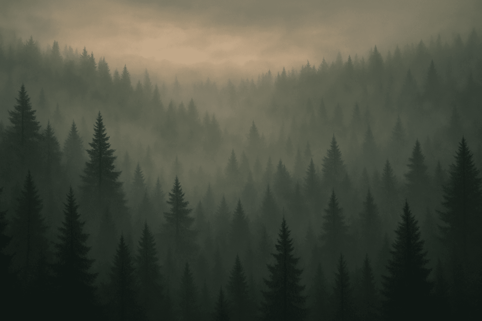 Landscape scene shrouded in dense moody atmospheric fog with soft muted lighting