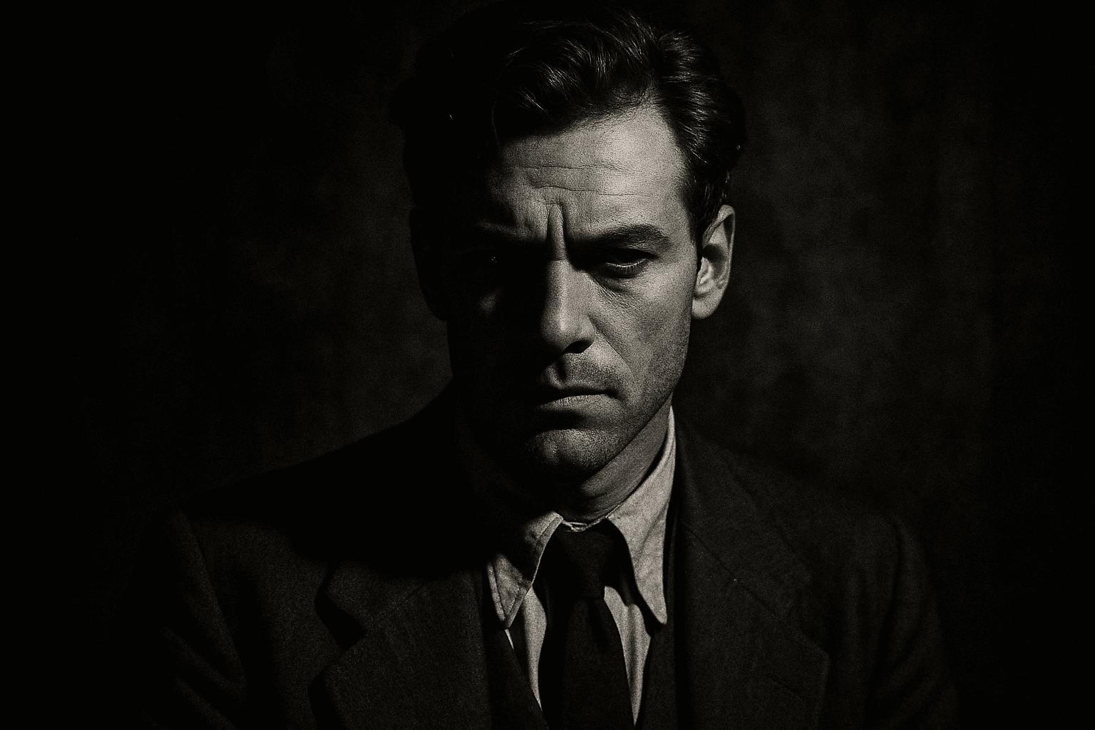 Portrait of a person illuminated with moody film noir lighting featuring dramatic shadows and high contrast