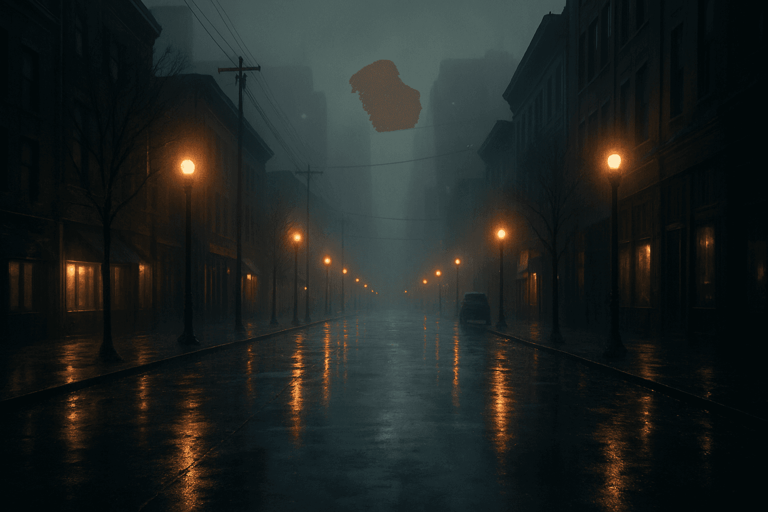 Moody urban street scene with dim lighting and fog