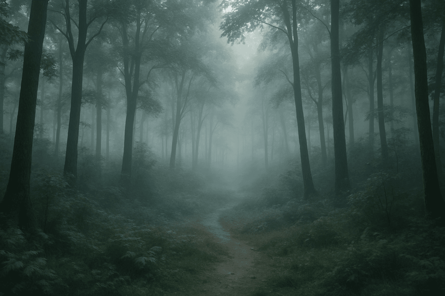 Serene early morning landscape with soft morning fog enveloping trees and diffused light
