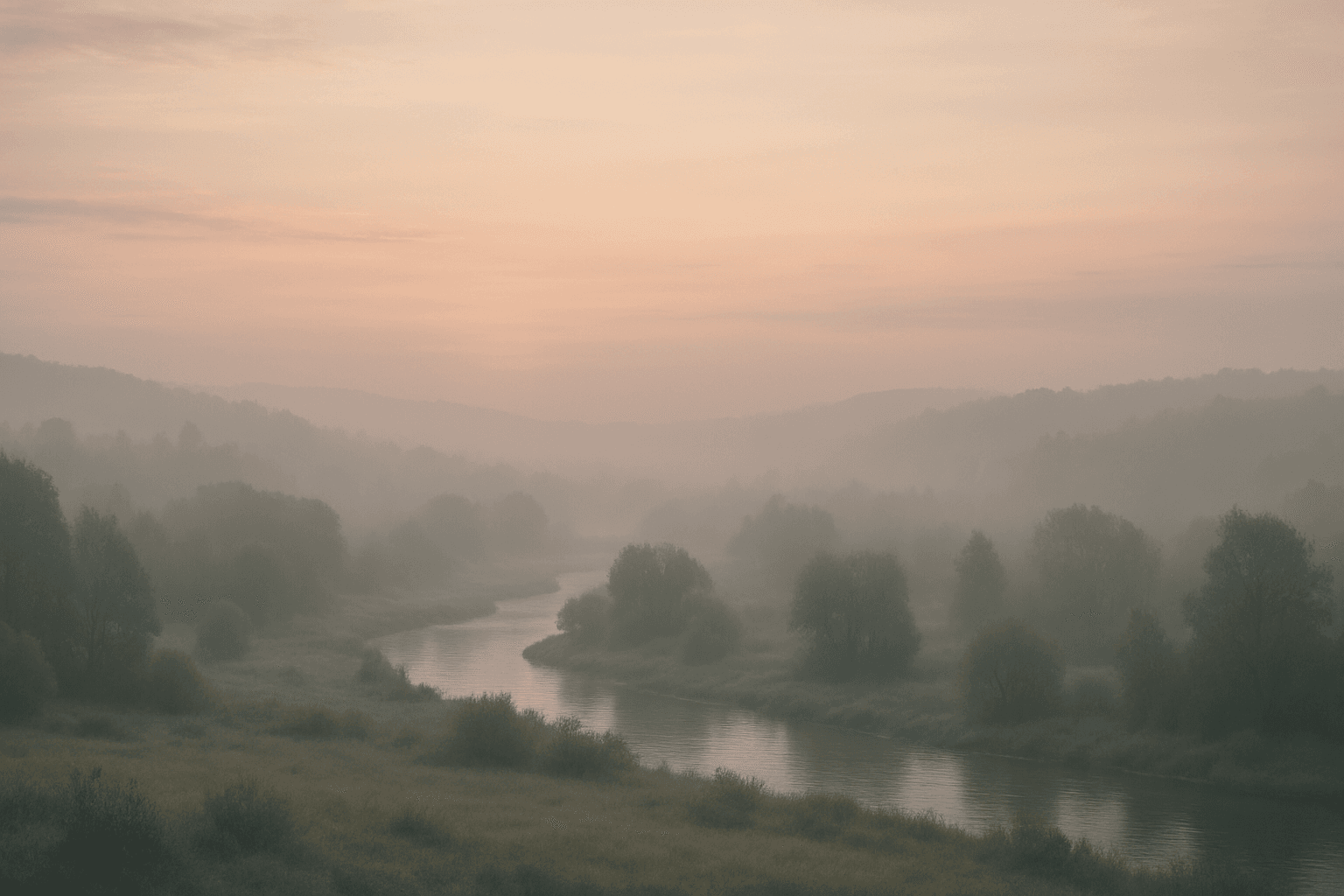 Serene early morning landscape with soft muted colors and gentle fog enveloping trees and hills