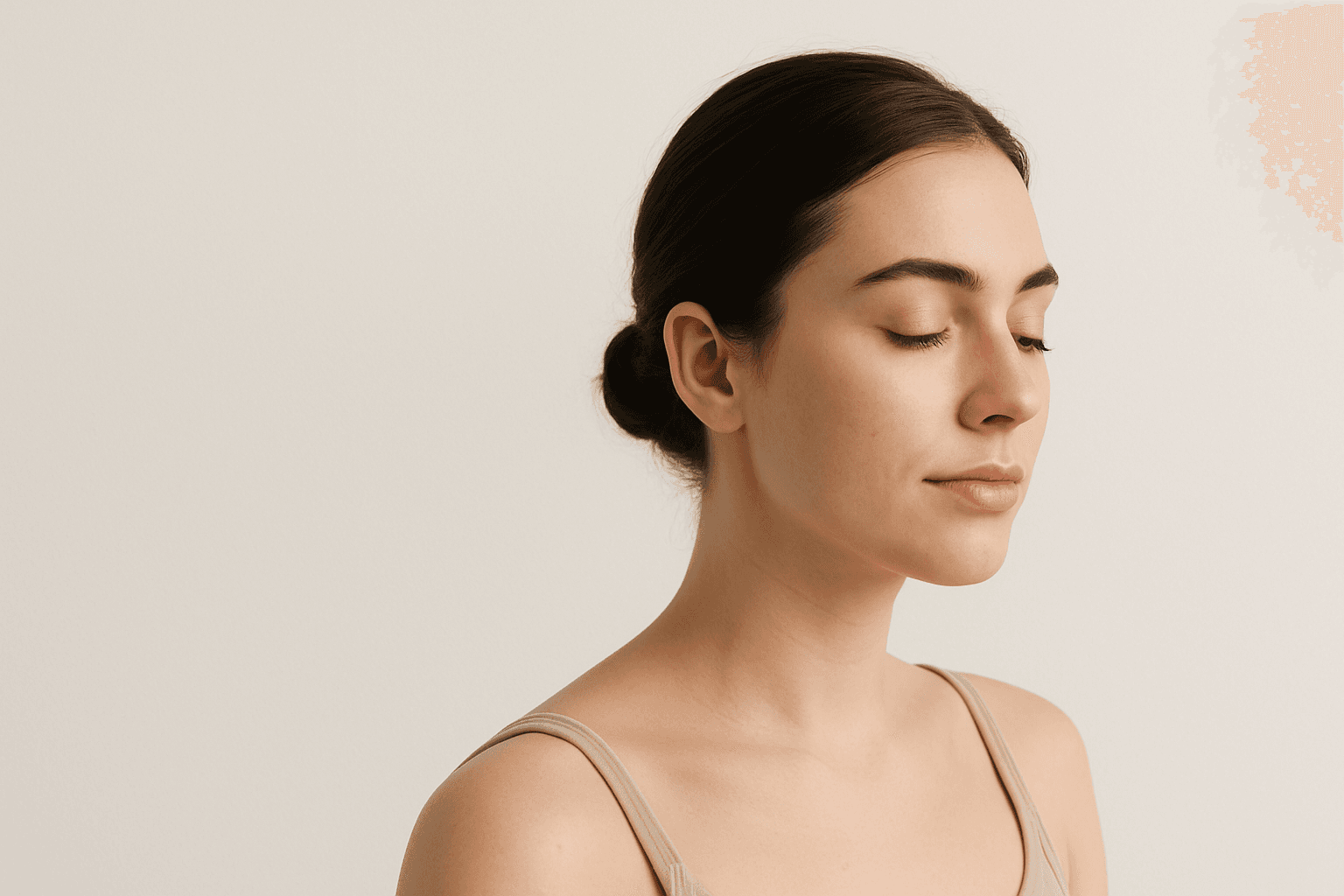 Minimalist portrait featuring ample negative space with clean white background and soft lighting