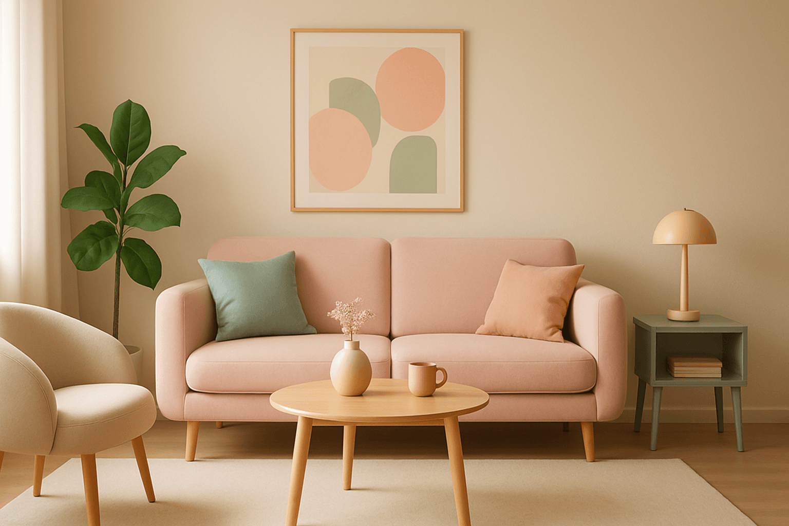Interior room design showcasing pastel color harmony with soft, muted tones and gentle lighting