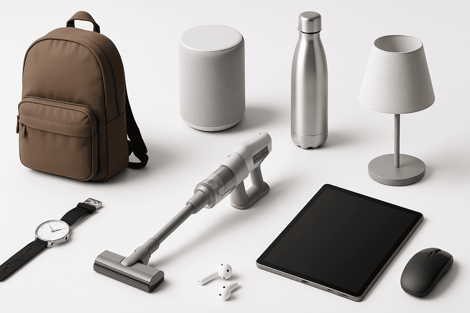 Clean modern product catalog layout with a grid of realistic products on white background, subtle soft lighting