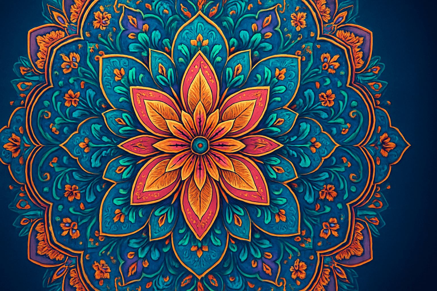 Intricate digital mandala with vibrant colors and rotational symmetry layout