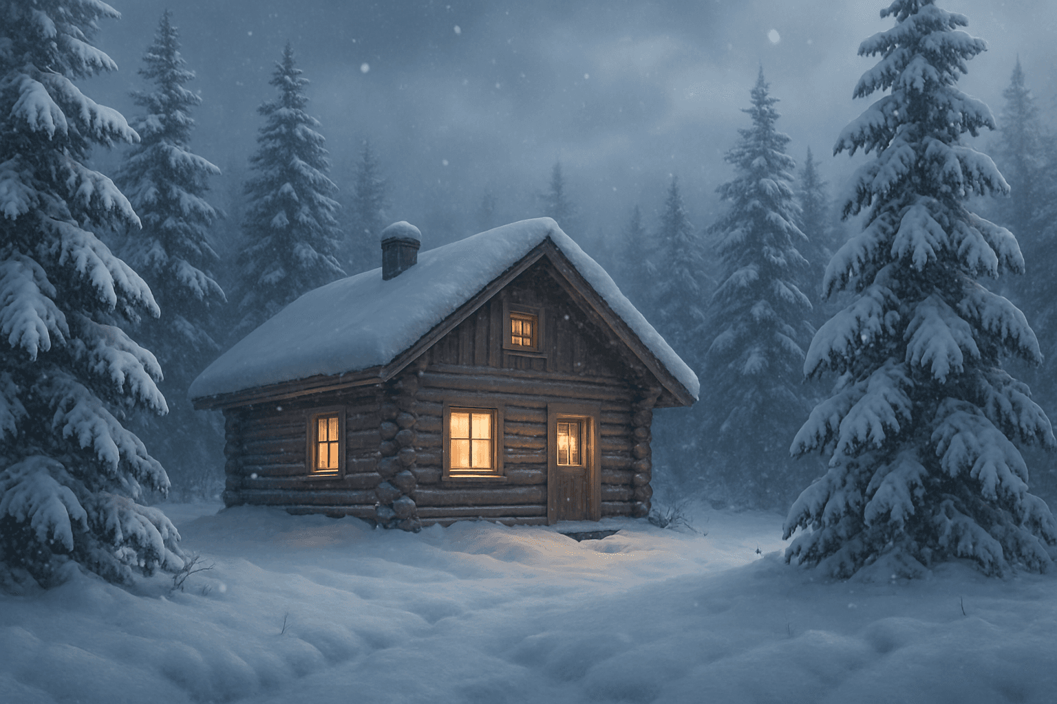 Snow-covered pine trees and a cozy cabin under soft diffused light capturing a snowy winter atmosphere