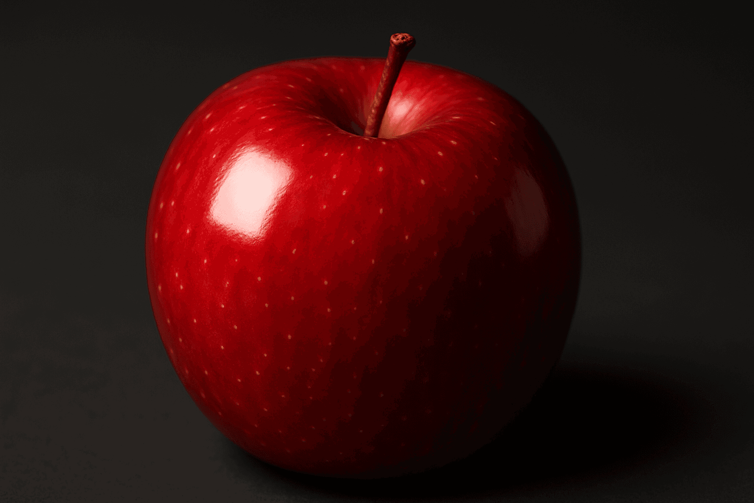 Close-up shot of a glossy red apple with bright specular highlight lighting emphasizing its smooth surface