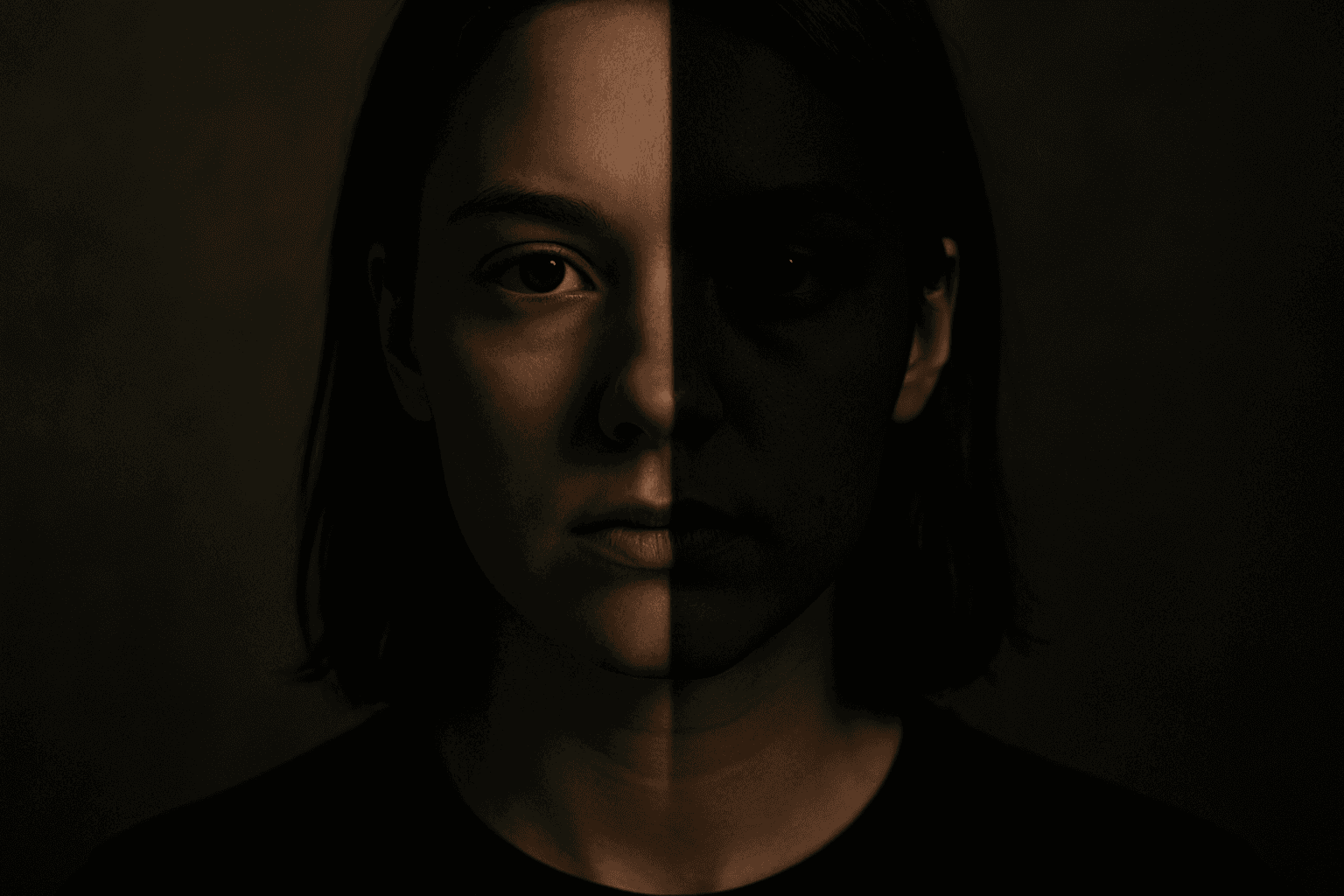 Portrait of a young woman with half of her face illuminated by split lighting technique, studio background