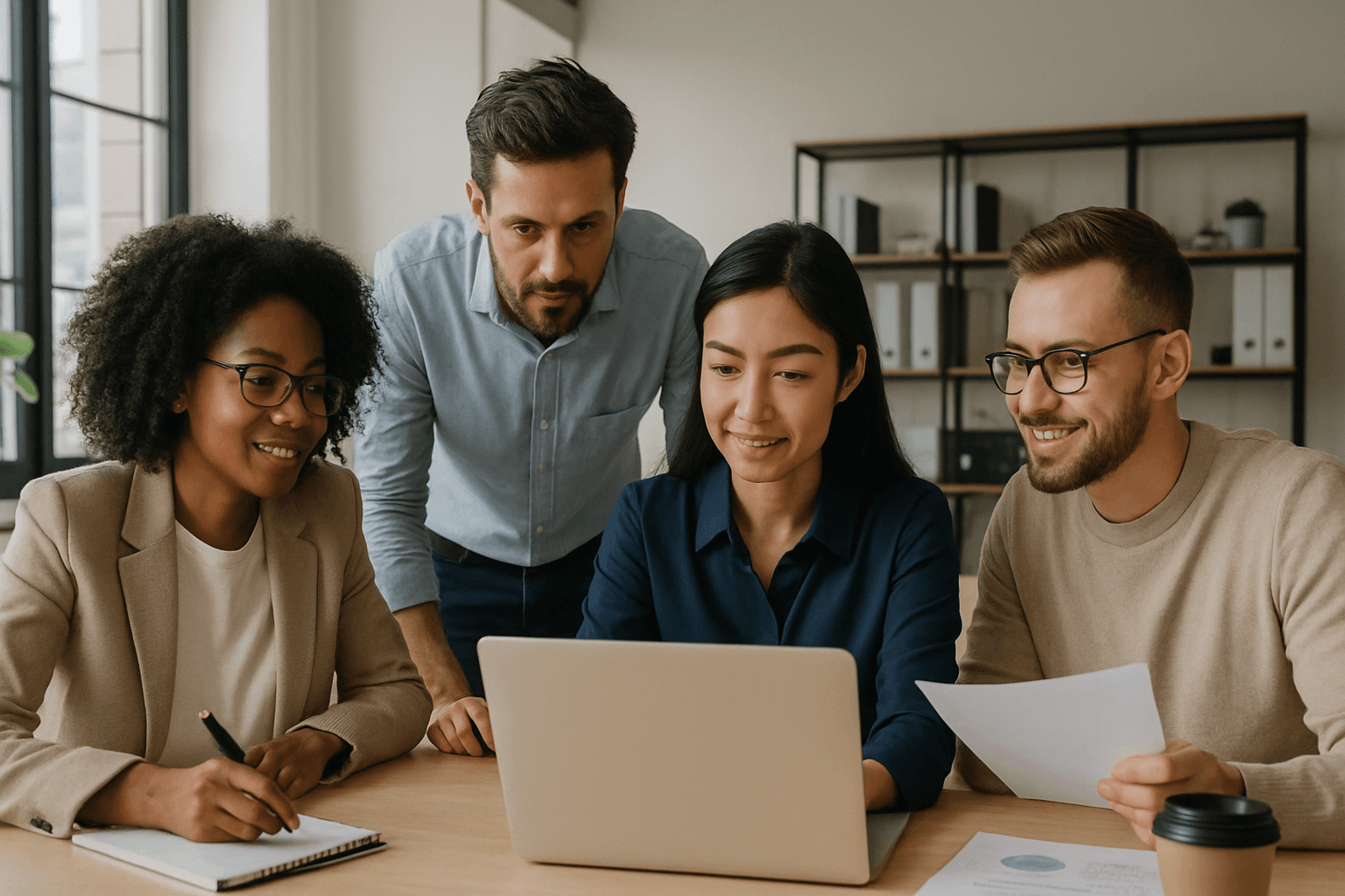 Authentic editorial stock photo style professional collaboration in modern office environment