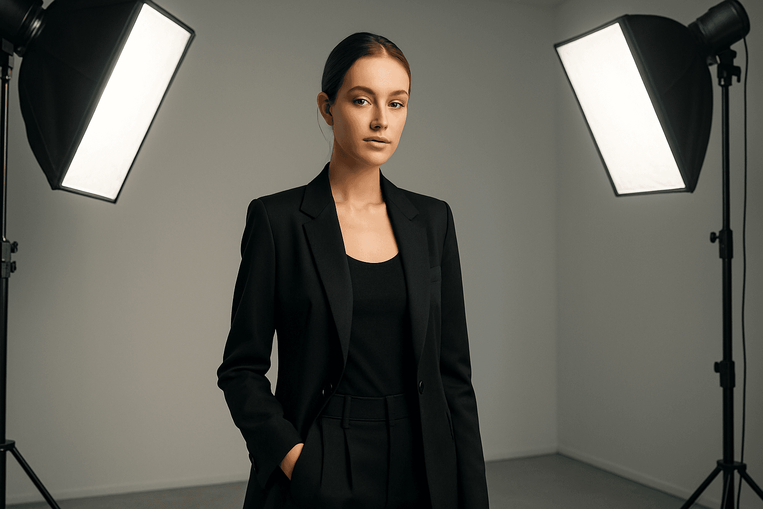 Professional studio lighting setup illuminating a model with soft shadows and even highlights