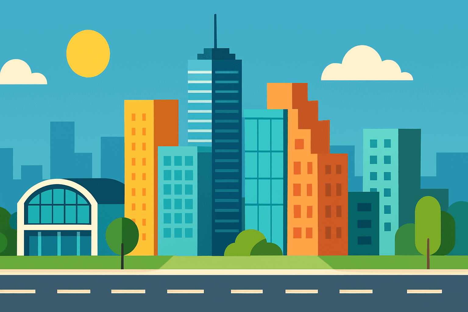 Illustration of a modern vector art style cityscape with clean lines and flat colors
