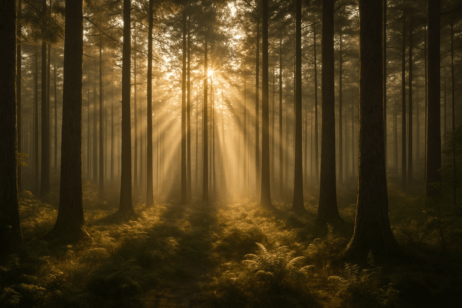 Sunlight streaming through dense forest with visible volumetric light beams illuminating the misty atmosphere