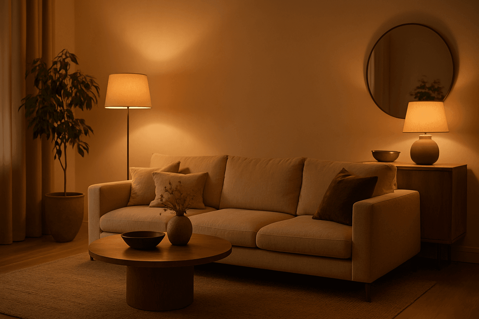 Interior living room softly illuminated by warm ambient glow with modern decor