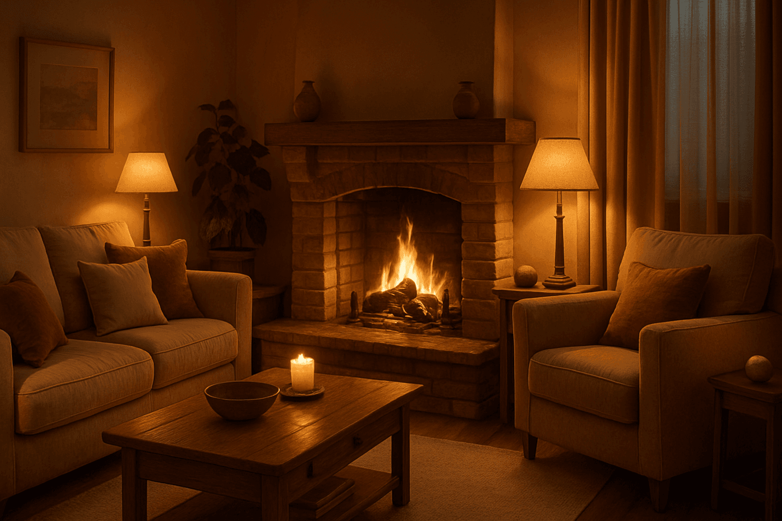 A living room with warm cozy atmosphere featuring soft glowing fireplace, plush cushions, and wooden textures