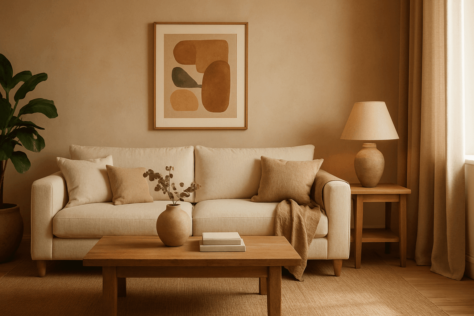 Interior living room styled with warm earth tone palette, natural wood and soft lighting