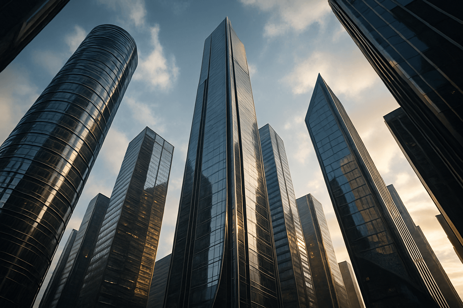 Worms eye view of a towering futuristic city with skyscrapers extending into the sky under dynamic lighting