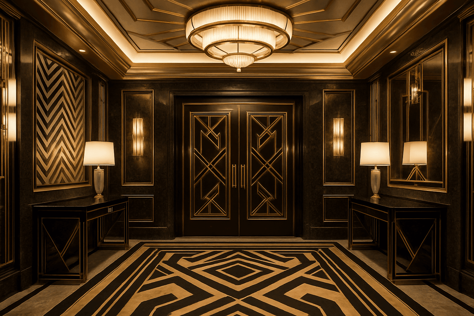 Luxurious Art Deco style interior with geometric patterns and golden accents