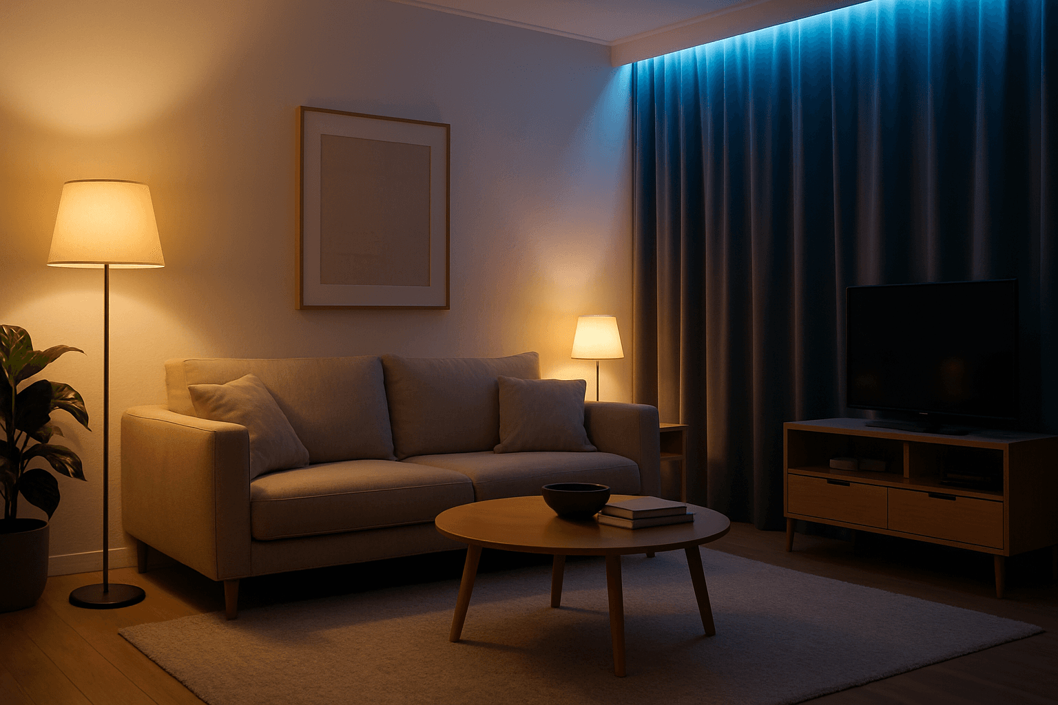 Photorealistic interior scene showing balanced artificial lighting with soft shadows and warm/cool light interplay