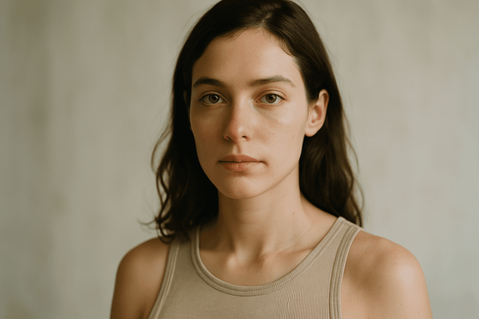 Modern editorial style portrait with asymmetrical balance composition and natural lighting