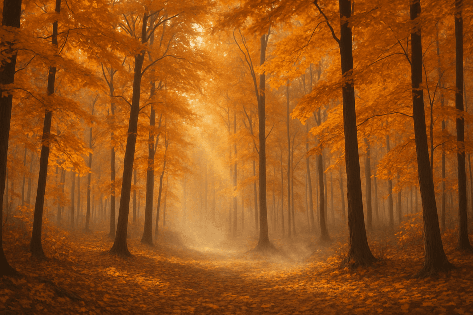 A serene autumn forest with golden leaves and soft morning mist representing autumn forest atmosphere