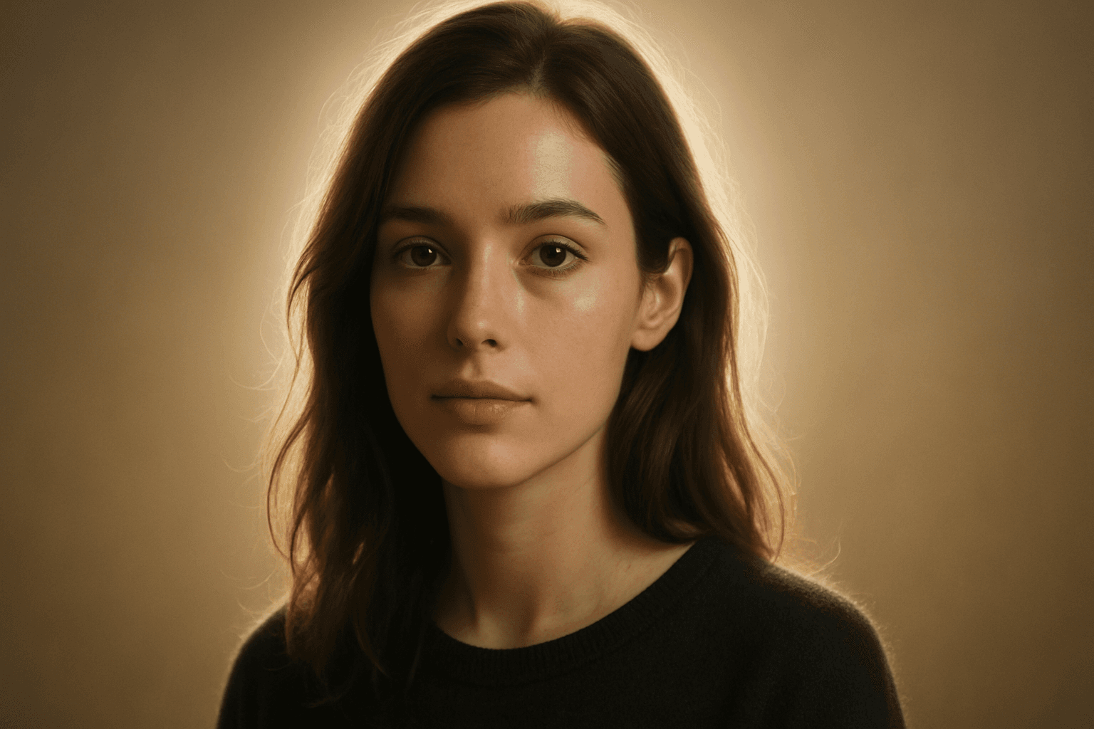 Portrait of person with subtle backlight glow effect creating a luminous halo around hair and shoulders