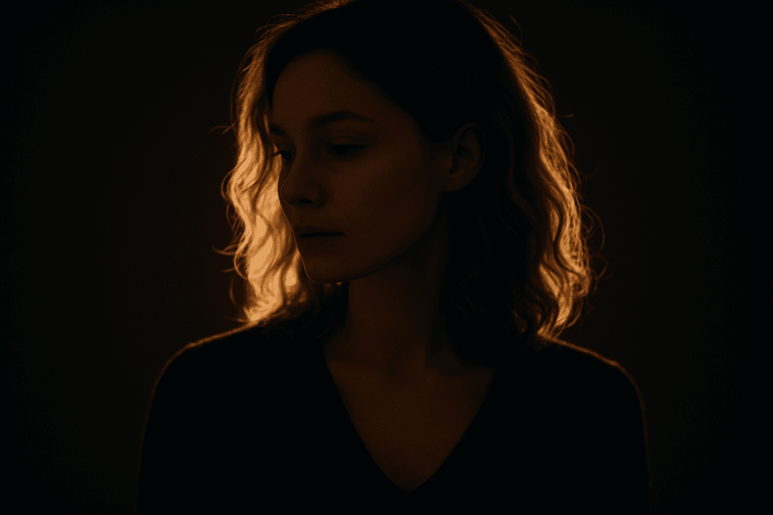 Portrait of a woman with backlit rim lighting highlighting her hair and shoulders against a dark background