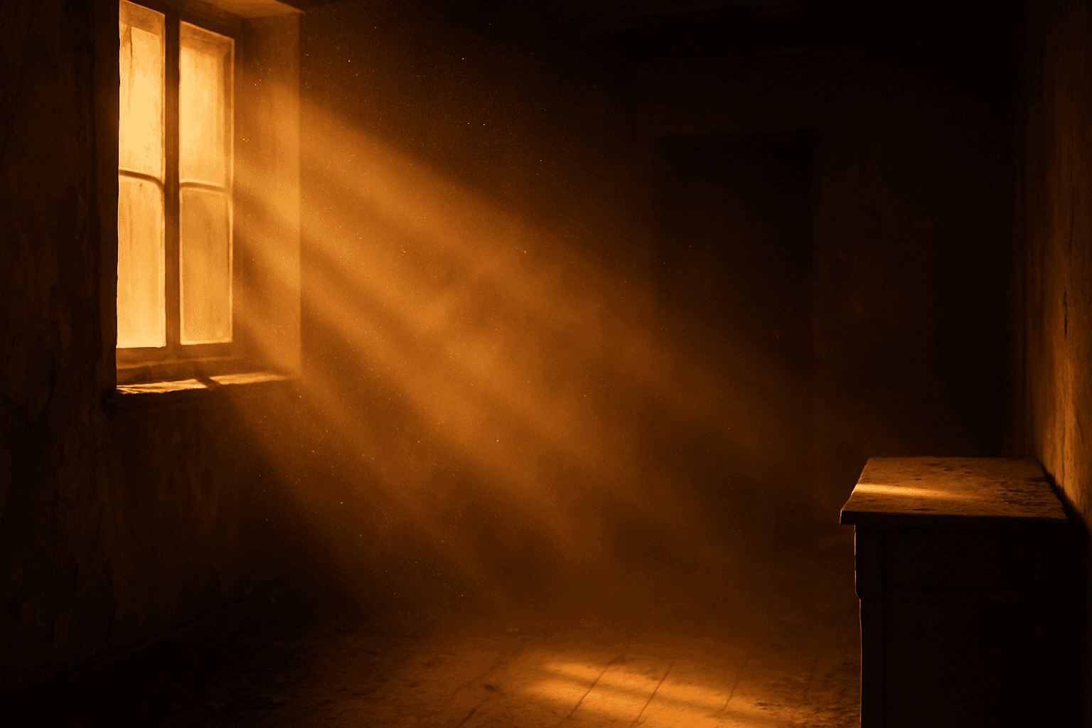A cinematic scene showcasing backscatter lighting effect with glowing dust particles illuminated by soft warm light