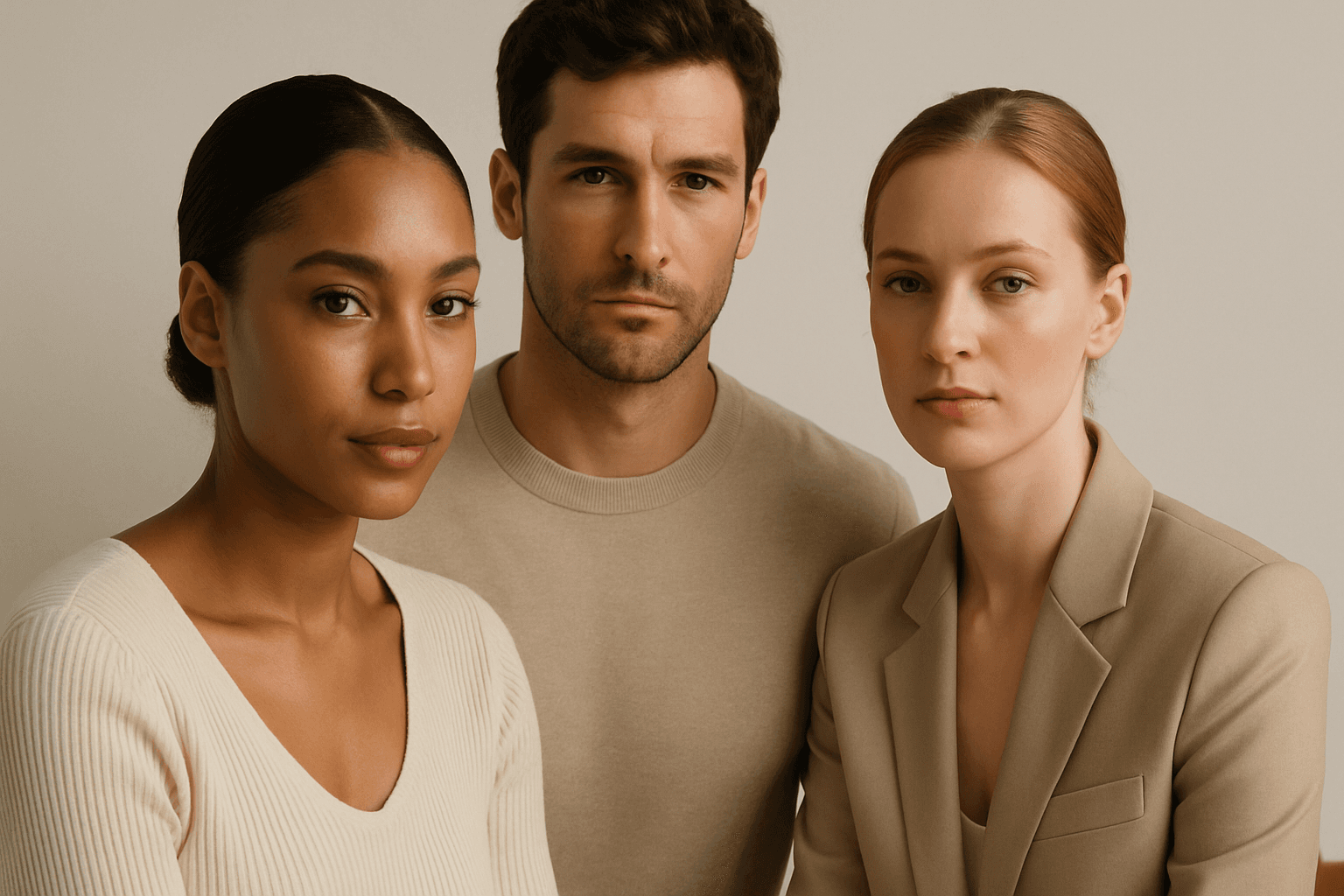 Example of balanced triangular composition with three key subjects arranged forming a harmonious triangle in an editorial style photograph