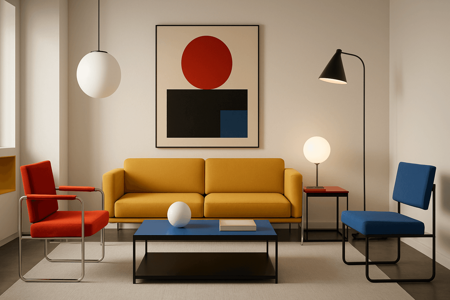 Modern interior room featuring Bauhaus style furniture and geometric decor
