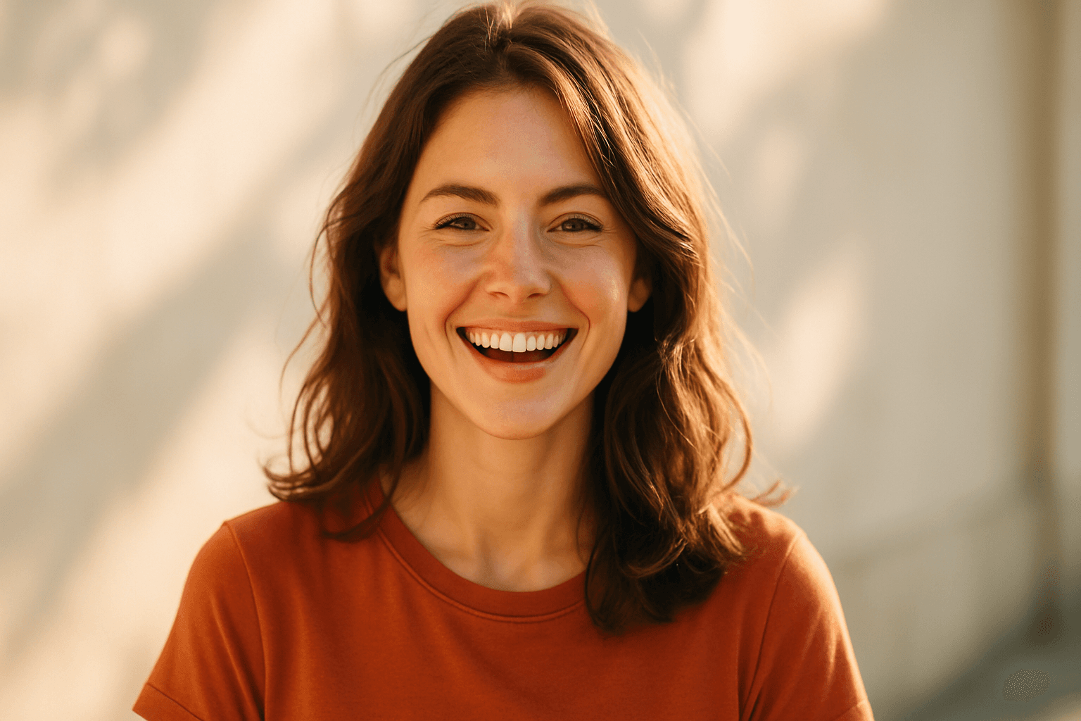 Bright cheerful mood portrait of smiling woman under natural sunlight with warm vibrant colors